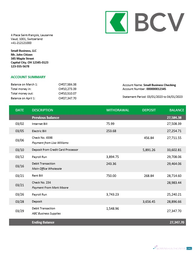 Download BCV Bank company account statement Word and PDF template Photoshop template